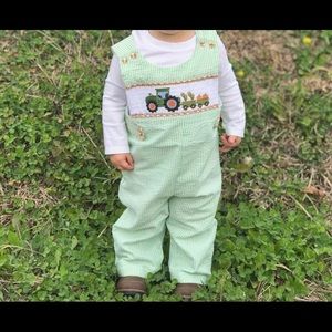 Green Seersucker Long All’s Smocked Tractor 2T